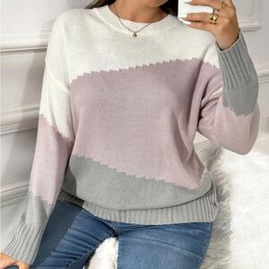 Colorblock Sweater - Pink, Gray, and White